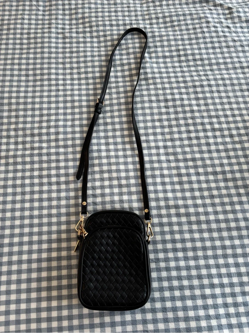 Black Woven Crossbody Bag with Gold Hardware